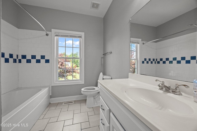 bathroom with tile patterned flooring, bathtub / shower combination, toilet, and visible vents