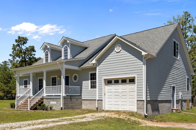 cape cod house with a porch, a shingled roof, an attached garage, and driveway