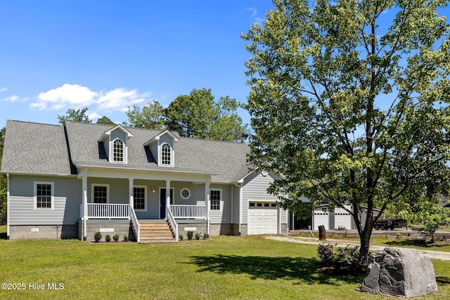 cape cod house with roof with shingles, an attached garage, a porch, crawl space, and a front yard