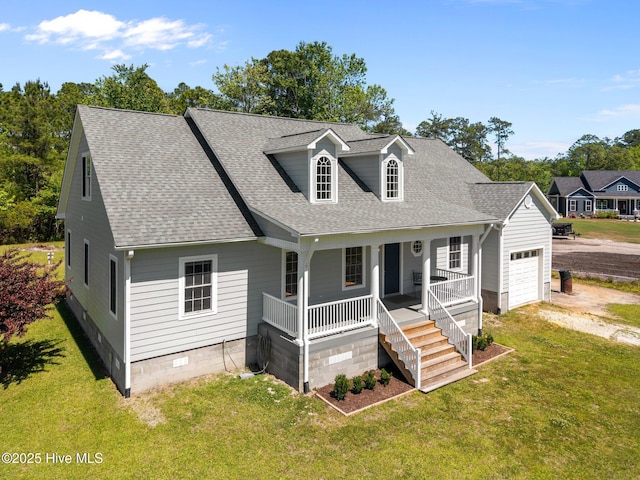 cape cod home with covered porch, driveway, a front lawn, an attached garage, and a shingled roof