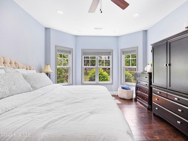 114 Schever Rd, West End, NC 27376 - bedroom featuring recessed lighting, ceiling fan, dark wood finished floors, and visible vents