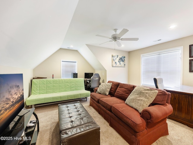 114 Schever Rd, West End, NC 27376 - living area featuring ceiling fan, vaulted ceiling, light carpet, and visible vents