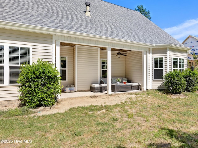 114 Schever Rd, West End, NC 27376 - back of house with a lawn, a ceiling fan, a shingled roof, and a patio area
