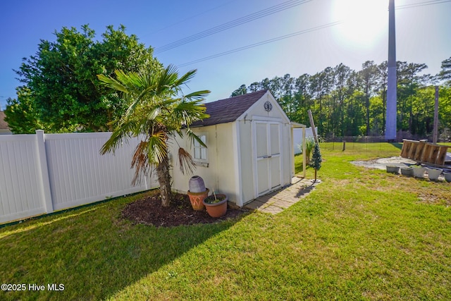 view of shed with a fenced backyard