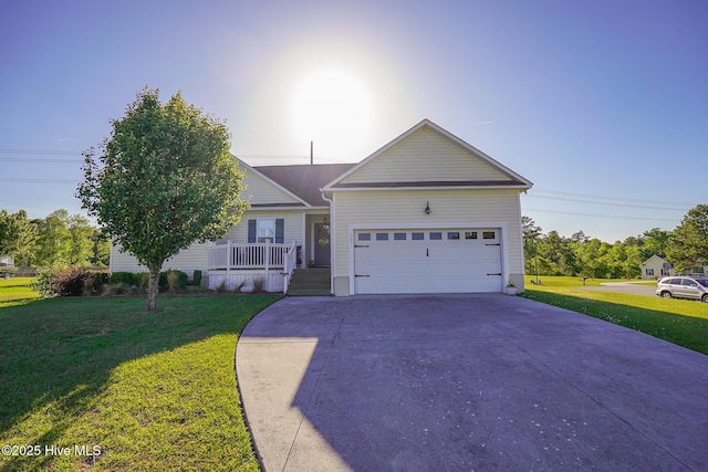 ranch-style house with covered porch, a garage, driveway, and a front lawn