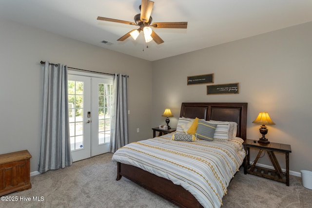 bedroom featuring access to outside, light carpet, french doors, baseboards, and visible vents