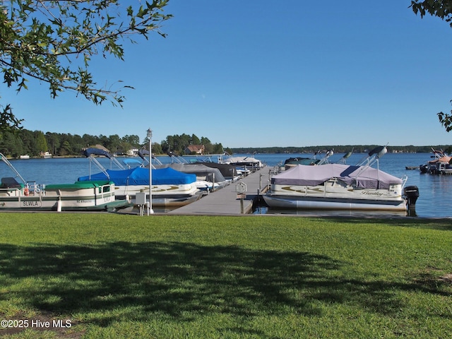 dock area featuring a lawn and a water view
