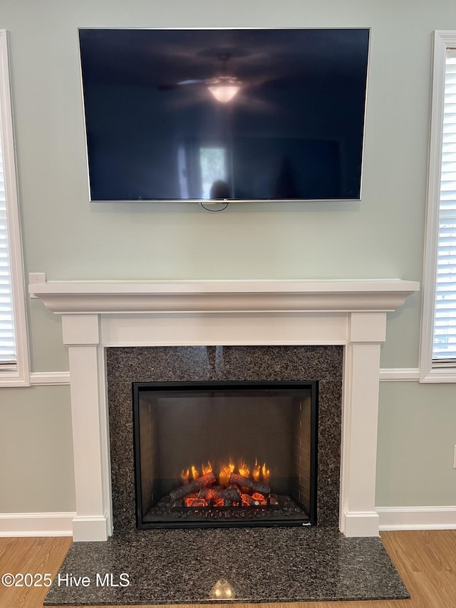 604 Winfall Dr, Holly Ridge, NC 28445 - detailed view of a fireplace, wood finished floors, and baseboards