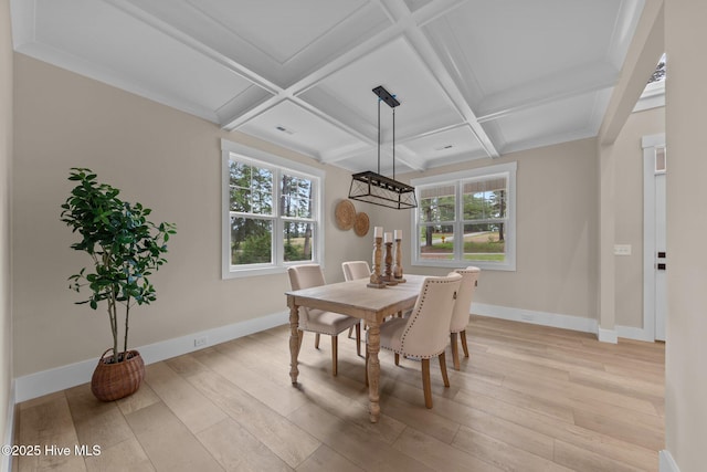 44 S Shamrock Dr, Foxfire Village, NC 27281 - dining space with baseboards, light wood finished floors, coffered ceiling, plenty of natural light, and beam ceiling