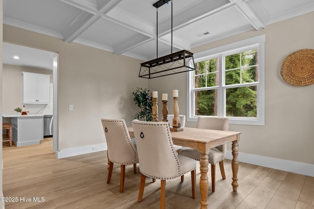 44 S Shamrock Dr, Foxfire Village, NC 27281 - dining room featuring coffered ceiling, light wood-style flooring, baseboards, beamed ceiling, and recessed lighting