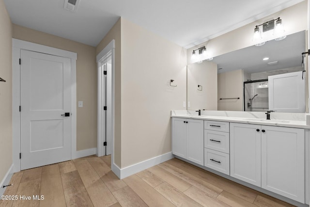 44 S Shamrock Dr, Foxfire Village, NC 27281 - bathroom featuring a shower stall, wood finished floors, and baseboards