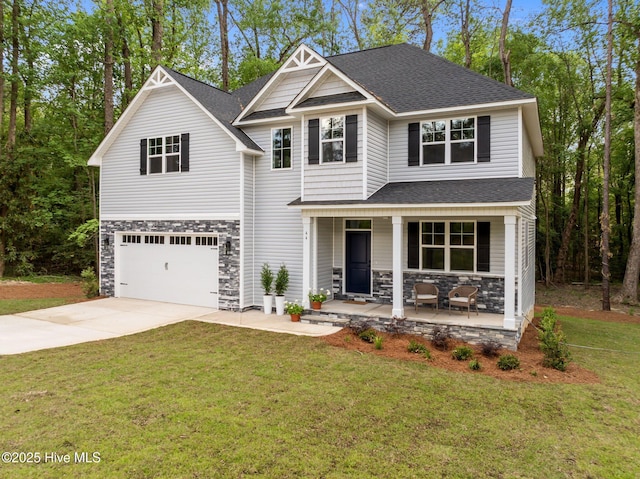 44 S Shamrock Dr, Foxfire Village, NC 27281 - craftsman house featuring a porch, stone siding, a garage, concrete driveway, and a shingled roof