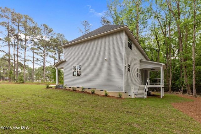 44 S Shamrock Dr, Foxfire Village, NC 27281 - view of property exterior with crawl space, ceiling fan, a lawn, and stairs