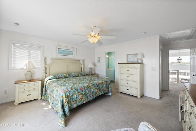 bedroom featuring visible vents, carpet flooring, and a ceiling fan