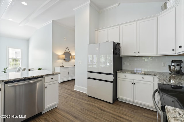 kitchen featuring electric range, stainless steel dishwasher, freestanding refrigerator, ornamental molding, and white cabinetry