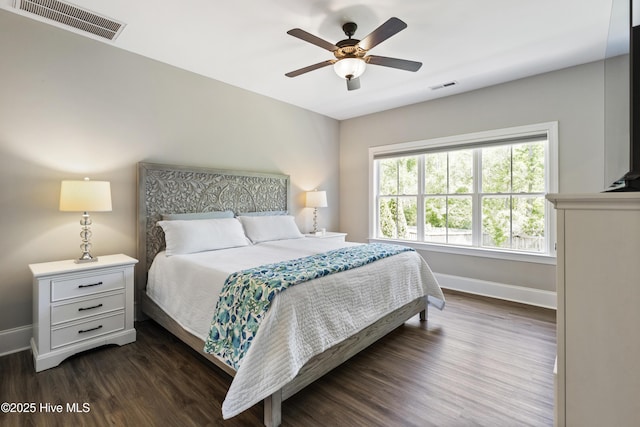 bedroom with baseboards, dark wood-type flooring, and visible vents