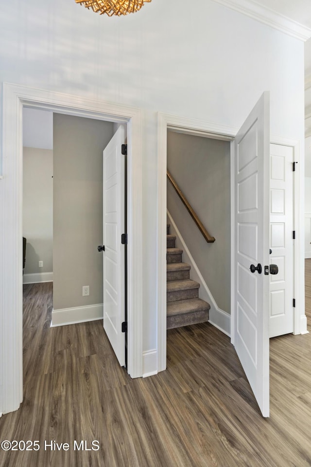 interior space featuring stairway, baseboards, ornamental molding, and dark wood-type flooring