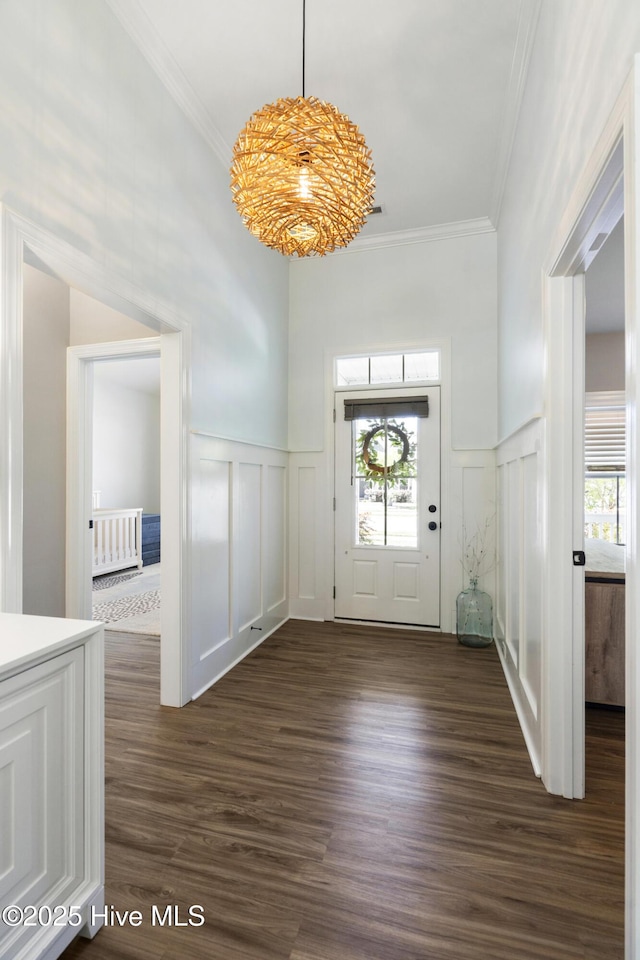 foyer with crown molding, dark wood-type flooring, and a decorative wall