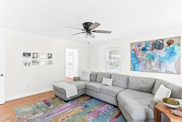 living area featuring crown molding, baseboards, ceiling fan, and wood finished floors