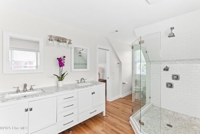 bathroom featuring a sink, a shower stall, and wood finished floors