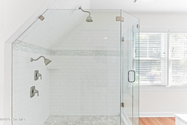full bathroom with baseboards, wood finished floors, and a shower stall