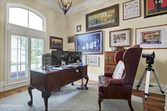 2220 Bel Arbor Pl, Wilmington, NC 28403 - office space featuring crown molding, wood finished floors, healthy amount of natural light, and a chandelier