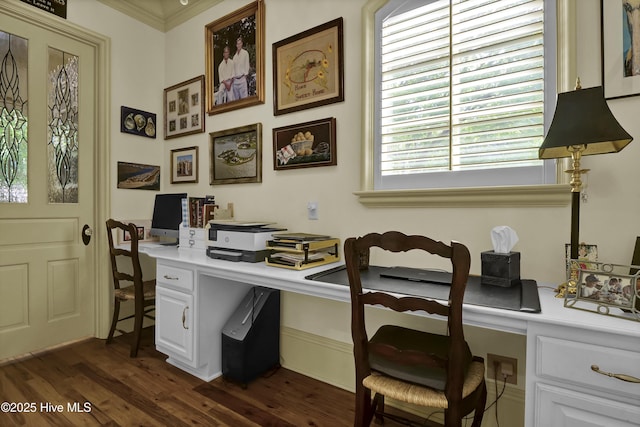 2220 Bel Arbor Pl, Wilmington, NC 28403 - home office featuring built in study area and dark wood-style floors