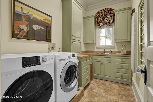 2220 Bel Arbor Pl, Wilmington, NC 28403 - laundry room featuring cabinet space, washing machine and dryer, and crown molding