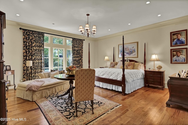 2220 Bel Arbor Pl, Wilmington, NC 28403 - bedroom with a chandelier, crown molding, light wood finished floors, and recessed lighting