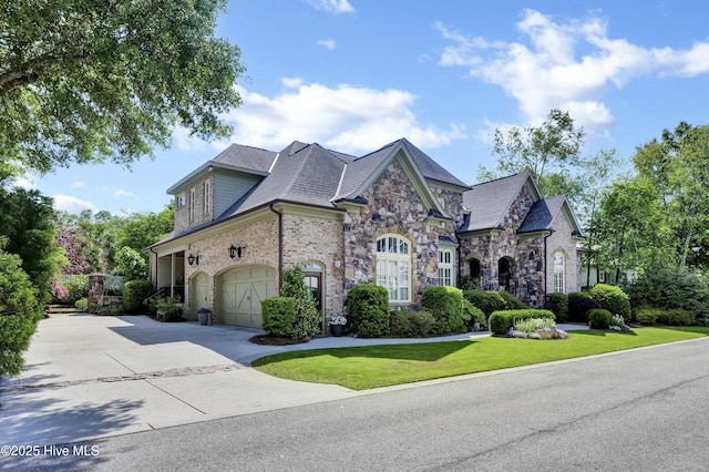 2220 Bel Arbor Pl, Wilmington, NC 28403 - french country style house with concrete driveway, a garage, stone siding, and a front yard