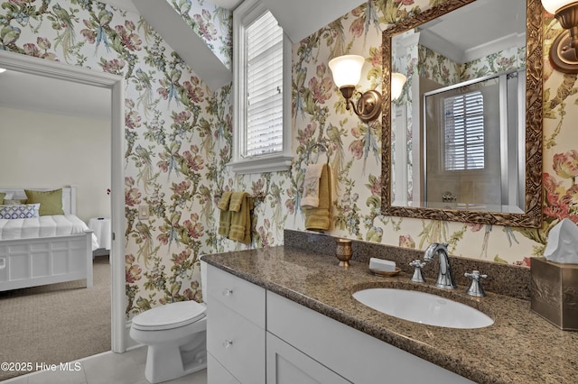 2220 Bel Arbor Pl, Wilmington, NC 28403 - bathroom with wallpapered walls, plenty of natural light, vanity, a stall shower, and tile patterned flooring