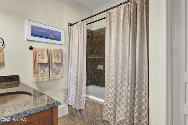 2220 Bel Arbor Pl, Wilmington, NC 28403 - full bathroom with tiled shower / bath, vanity, crown molding, and tile patterned floors