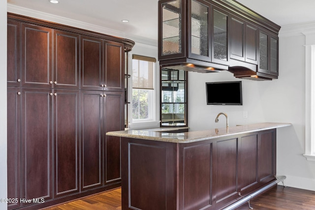 805 S Lumina Ave, Wrightsville Beach, NC 28480 - bar with crown molding, dark wood-style flooring, and baseboards