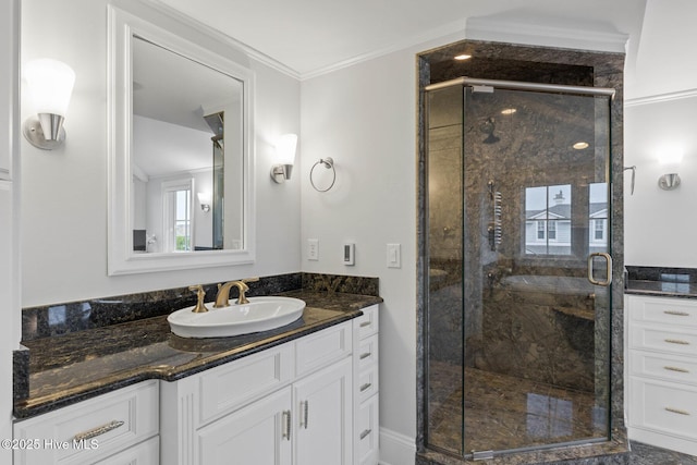 805 S Lumina Ave, Wrightsville Beach, NC 28480 - full bath with vanity, a stall shower, and ornamental molding