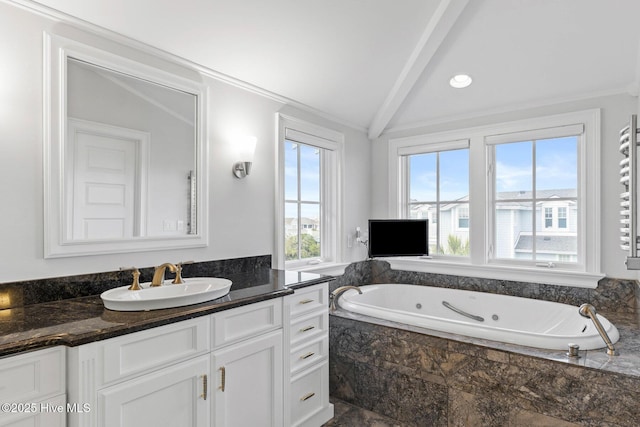 805 S Lumina Ave, Wrightsville Beach, NC 28480 - full bathroom featuring vanity, a whirlpool tub, crown molding, and vaulted ceiling with beams