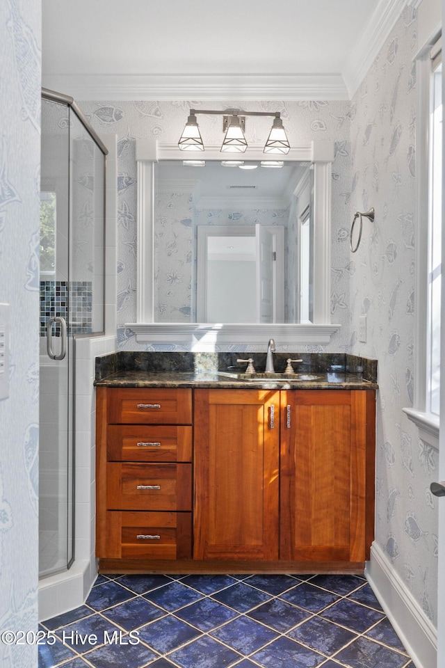 805 S Lumina Ave, Wrightsville Beach, NC 28480 - full bath featuring a shower stall, a wealth of natural light, ornamental molding, and wallpapered walls
