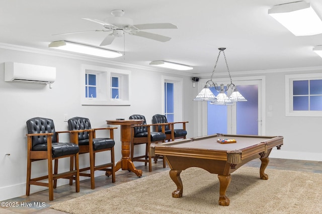 805 S Lumina Ave, Wrightsville Beach, NC 28480 - playroom featuring crown molding, an AC wall unit, a ceiling fan, billiards, and baseboards