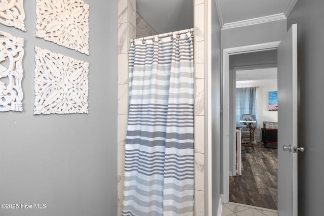 415 W Boardwalk Blvd, Atlantic Beach, NC 28512 - bathroom with ornamental molding and curtained shower