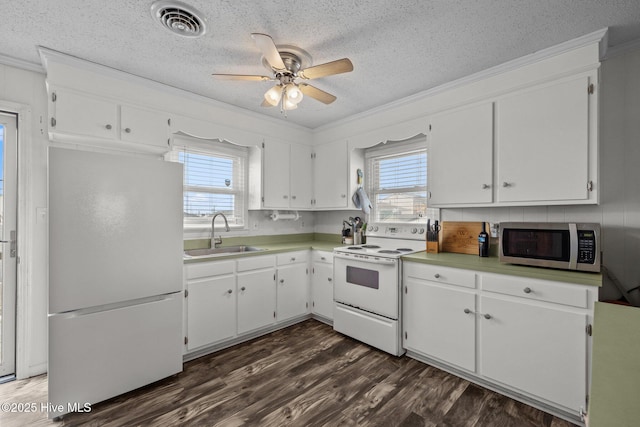 415 W Boardwalk Blvd, Atlantic Beach, NC 28512 - kitchen with white appliances, a sink, a textured ceiling, healthy amount of natural light, and ornamental molding