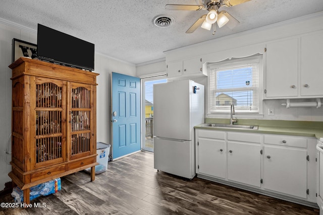 415 W Boardwalk Blvd, Atlantic Beach, NC 28512 - kitchen featuring a sink, freestanding refrigerator, crown molding, a textured ceiling, and plenty of natural light