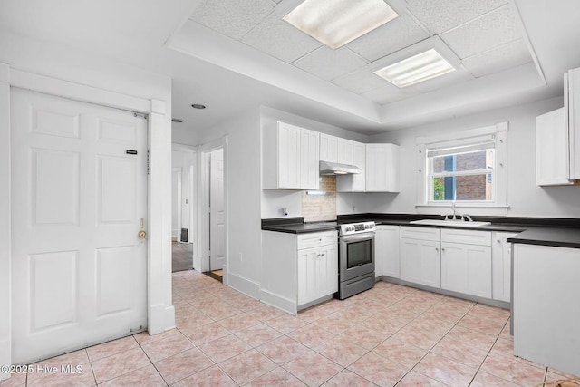 kitchen featuring a sink, a raised ceiling, under cabinet range hood, and electric stove