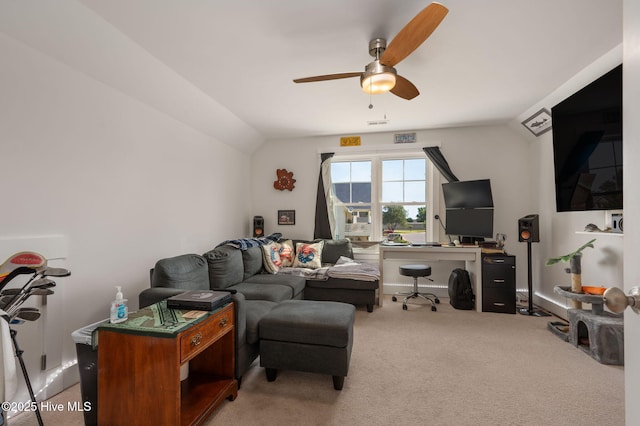 living room with carpet flooring, ceiling fan, and vaulted ceiling