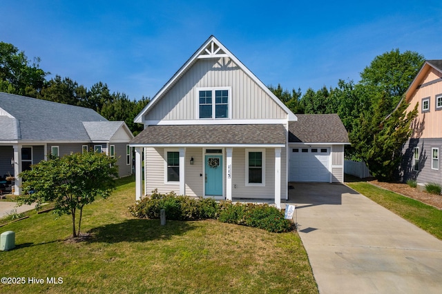 view of front of house featuring board and batten siding, a porch, driveway, a garage, and a front lawn