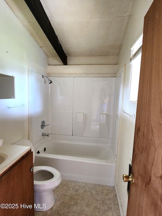bathroom with vanity, shower / bathing tub combination, beamed ceiling, and toilet