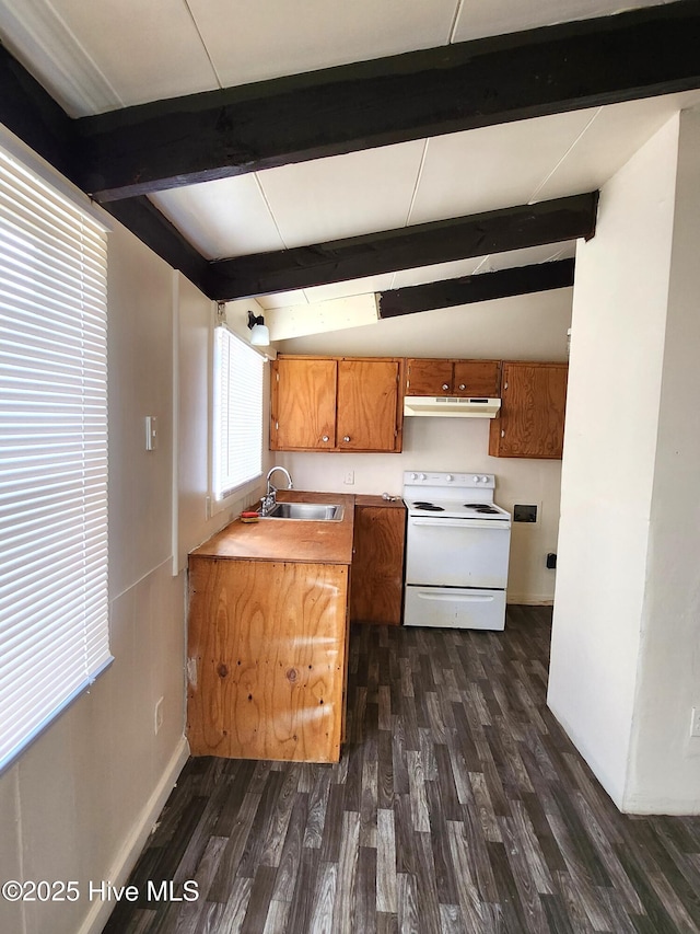 kitchen with brown cabinetry, dark wood-style flooring, vaulted ceiling with beams, under cabinet range hood, and electric stove