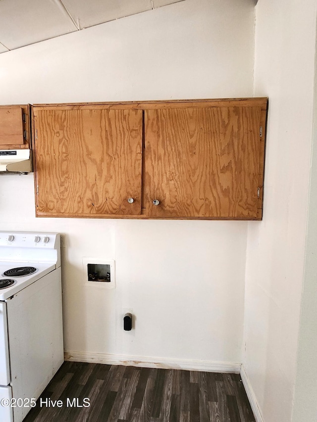 washroom with cabinet space, washer hookup, dark wood-style floors, and baseboards