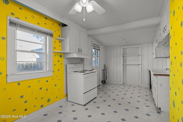 2205 Bay St, Morehead City, NC 28557 - kitchen featuring white cabinets, open shelves, a healthy amount of sunlight, ornamental molding, and white electric range