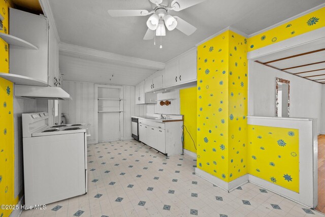 2205 Bay St, Morehead City, NC 28557 - kitchen featuring white range with electric cooktop, open shelves, stainless steel dishwasher, a sink, and ornamental molding