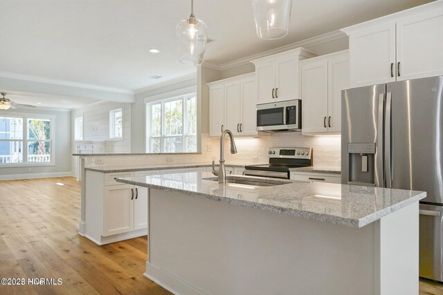 kitchen featuring light wood-type flooring, ornamental molding, a sink, and appliances with stainless steel finishes