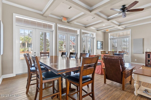 1649 Butterfly Knot Dr SW, Ocean Isle Beach, NC 28469 - dining area featuring coffered ceiling, beam ceiling, french doors, and baseboards